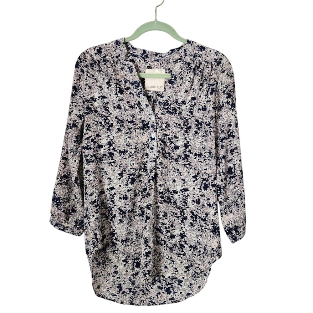 AMOUR VERT Silk Blouse Blue Abstract Print Lightweight Top S